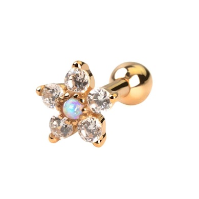 Öronpiercing av 14 karat guld med blomma och opal