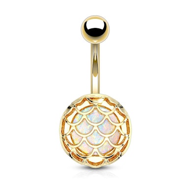 Navelpiercing med inkapslad opal i skaldesign