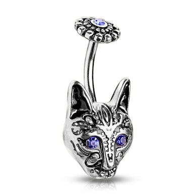 Navelpiercing med tribal katt och blå ögon
