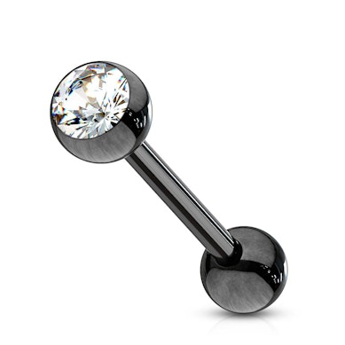 Svart tungpiercing med stenar i olika färger