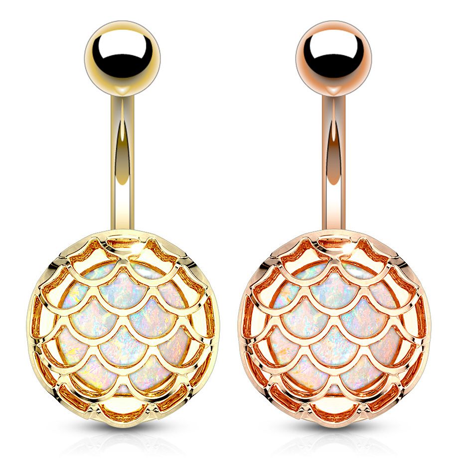 Navelpiercing med inkapslad opal i skaldesign