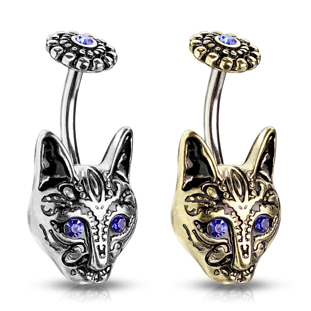 Navelpiercing med tribal katt och blå ögon