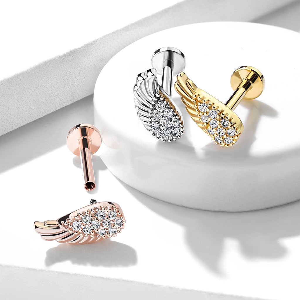 Labret med änglavingsdesign och massa stenar