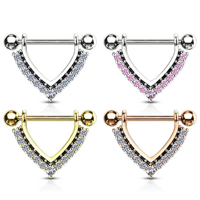 Bröstpiercing med stendekorerad v-form