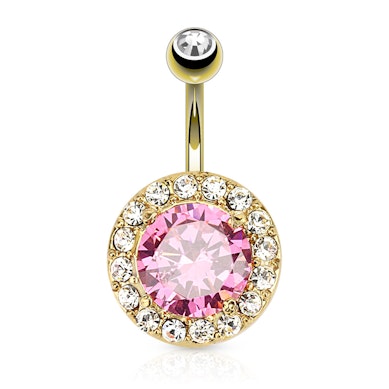 Guldpläterad navelpiercing med stor rosa sten