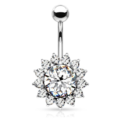 Navelpiercing med solrosformad blomma
