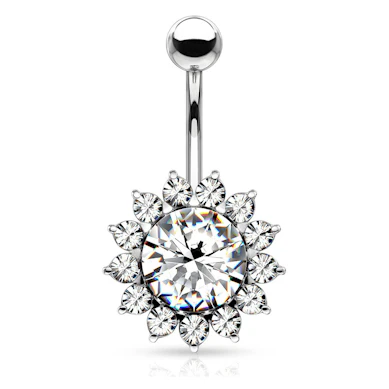 Navelpiercing med solrosformad blomma