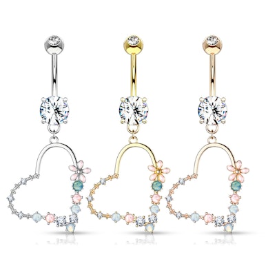 Navelpiercing med hjärtan dekorerade med blommor och sten av opalite.