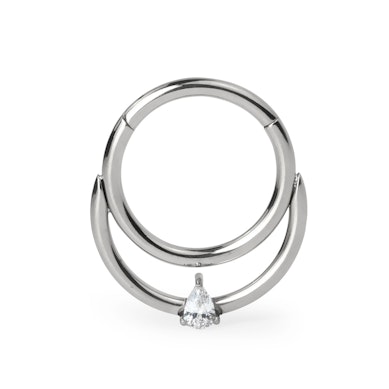 Dubbel ring i titan med gångjärn och en tår-formad sten