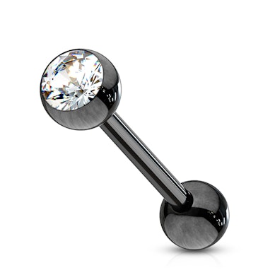Svart tungpiercing med stenar i olika färger
