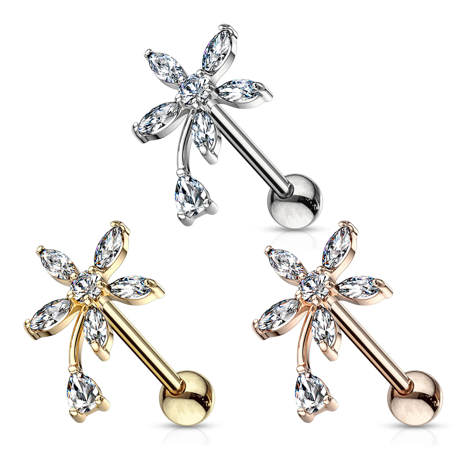 Öronpiercing med blomma och droppformad sten