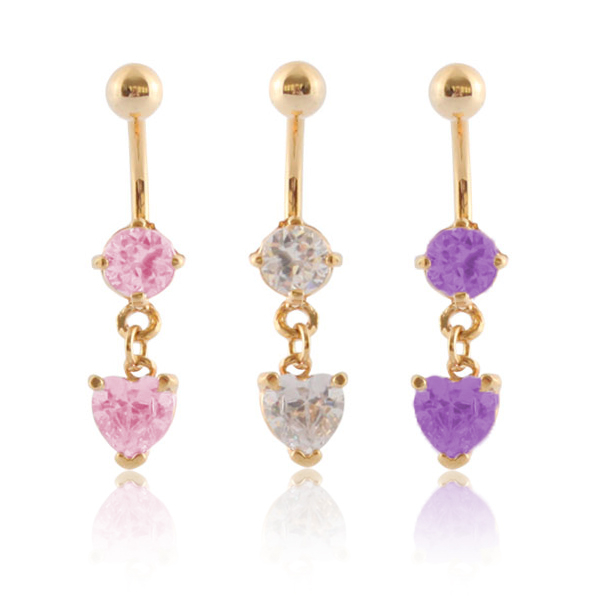 Guldpläterad navelpiercing med stenar och hjärtformat hänge