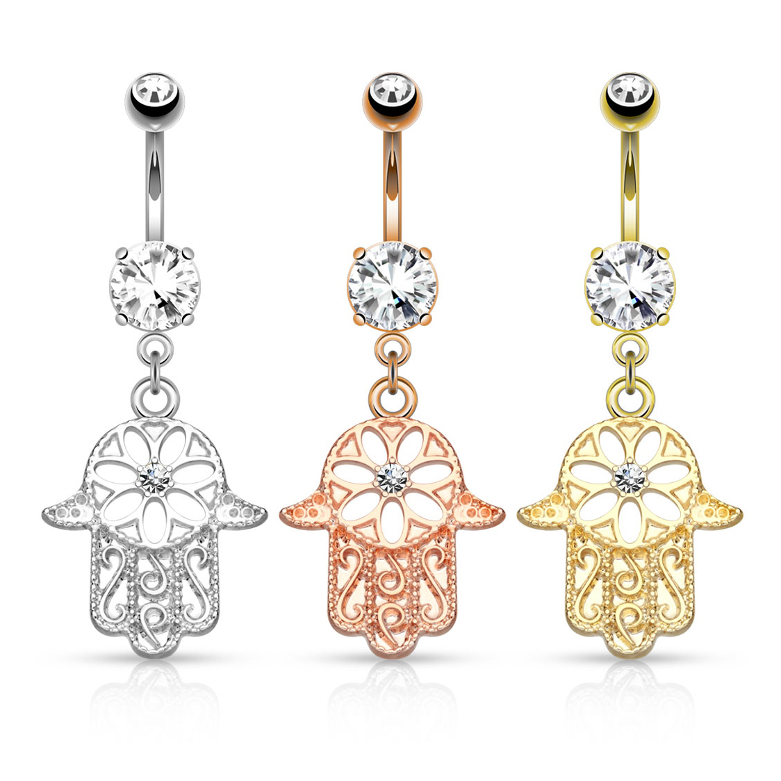 Navelpiercing med stenar i hamsahänge