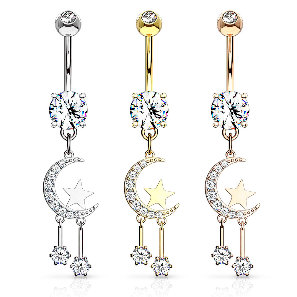 Navelpiercing med måne och stjärnor i hänge