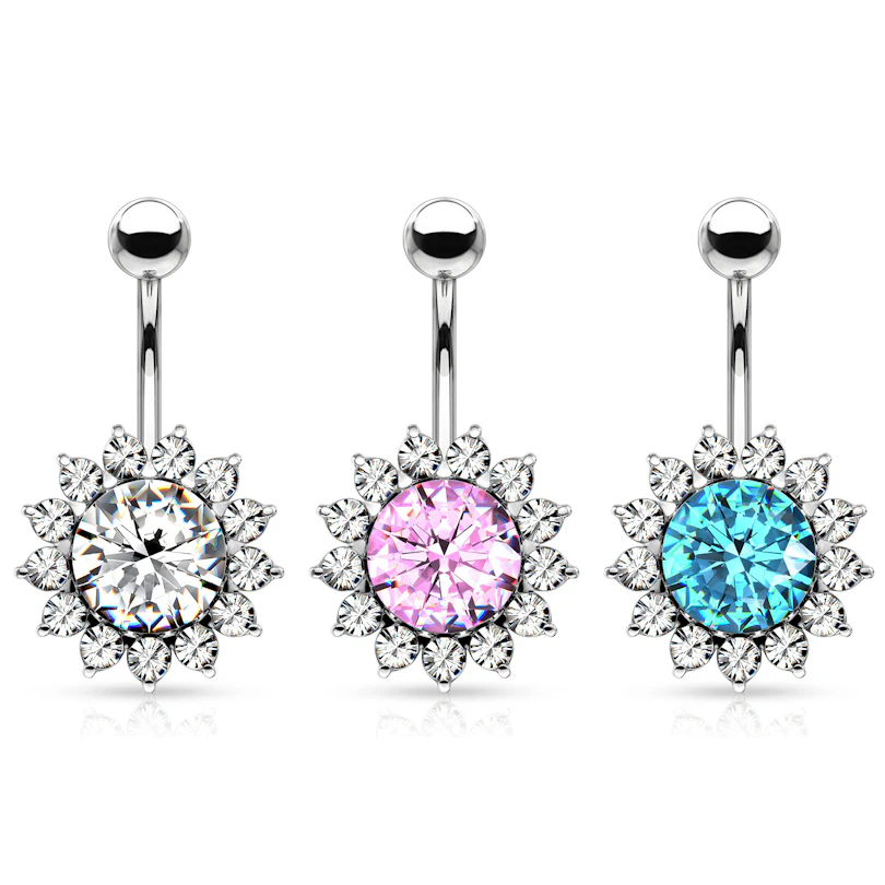 Navelpiercing med solrosformad blomma