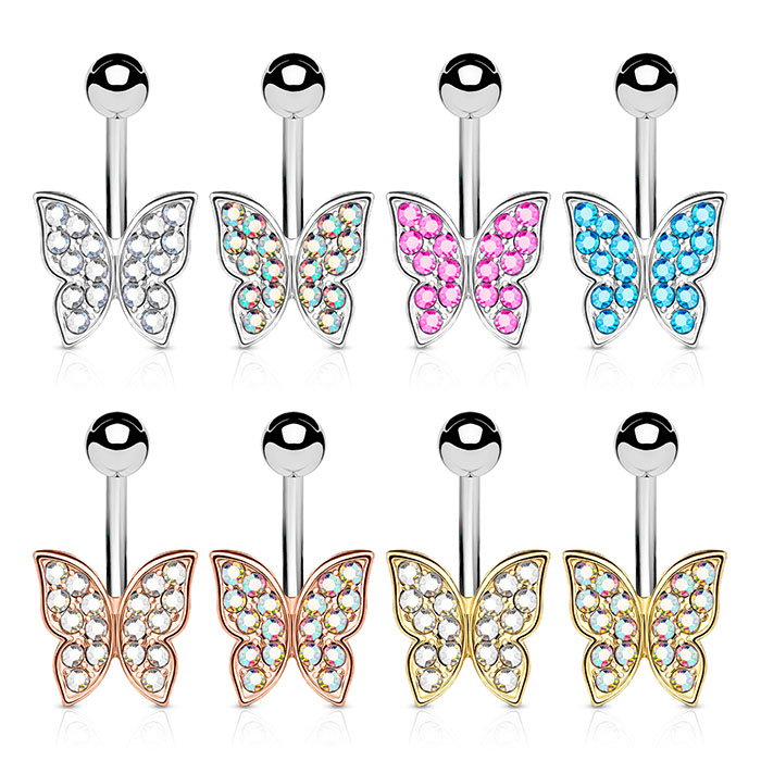Navelpiercing med stenprydd fjäril