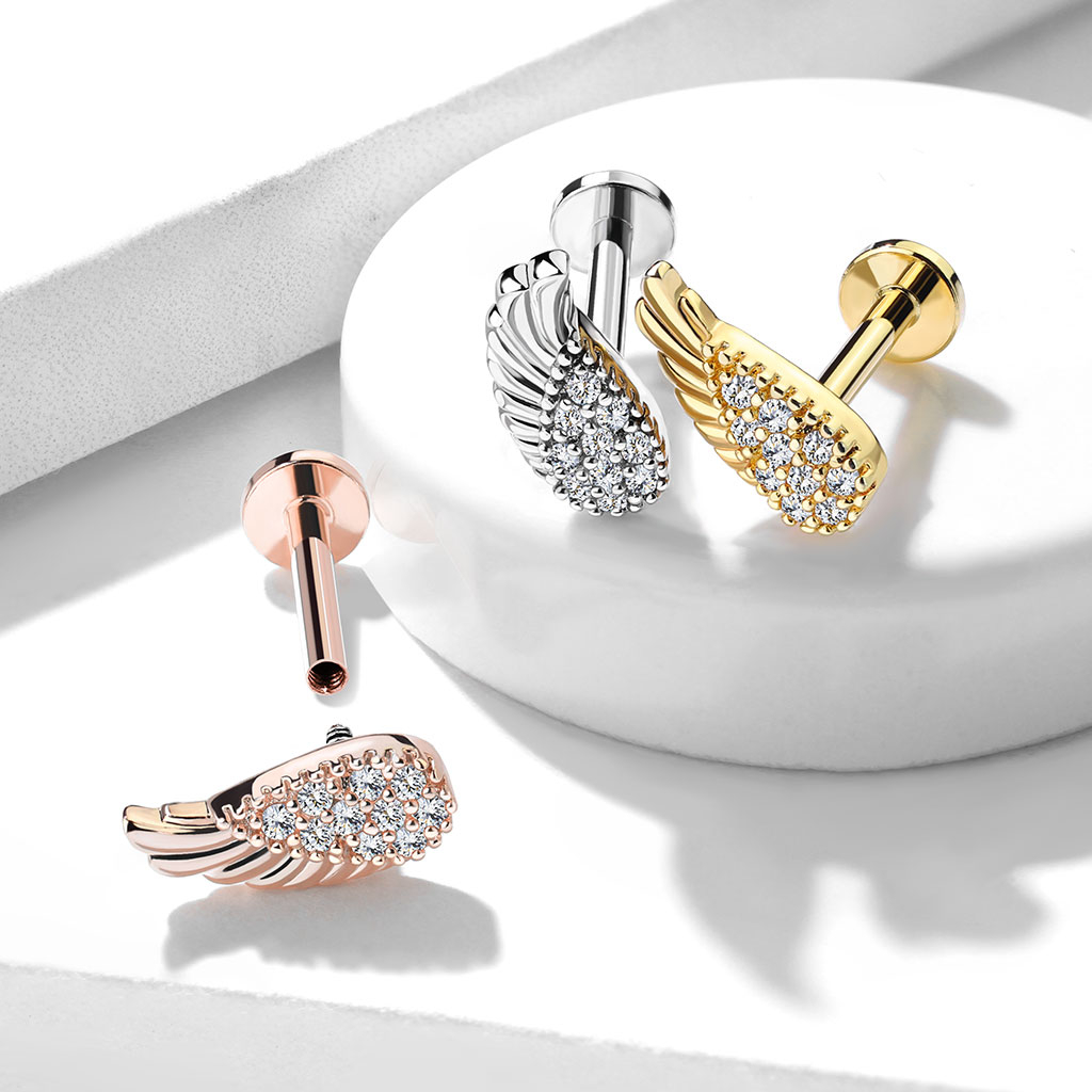Labret med änglavingsdesign och massa stenar