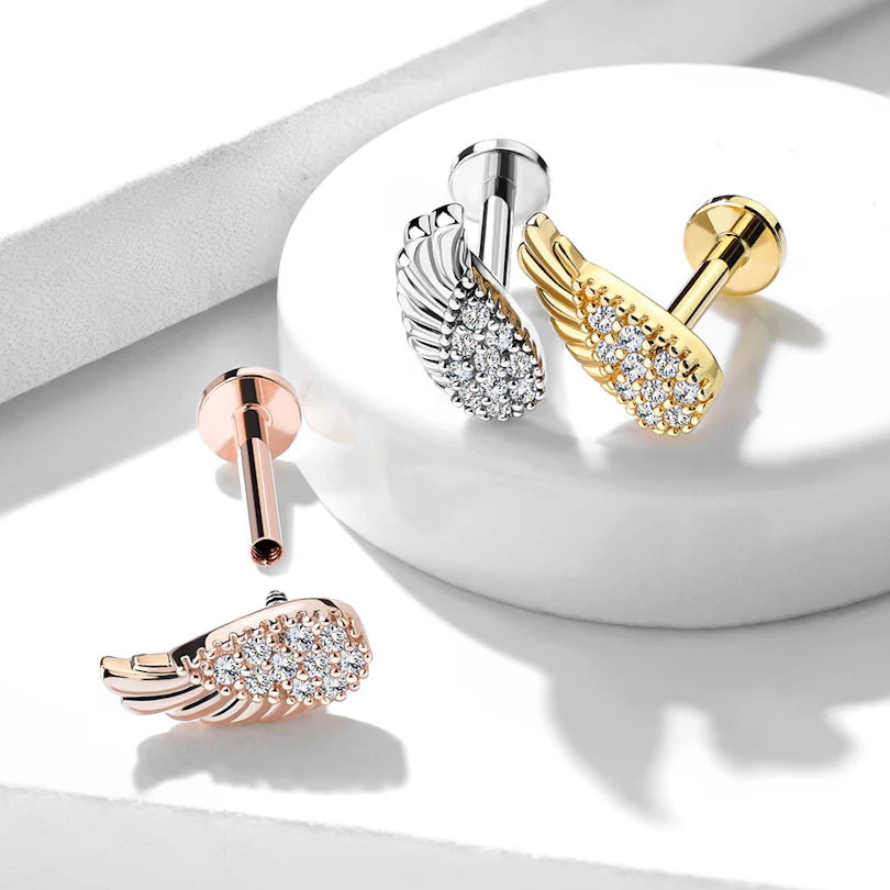 Labret med änglavingsdesign och massa stenar