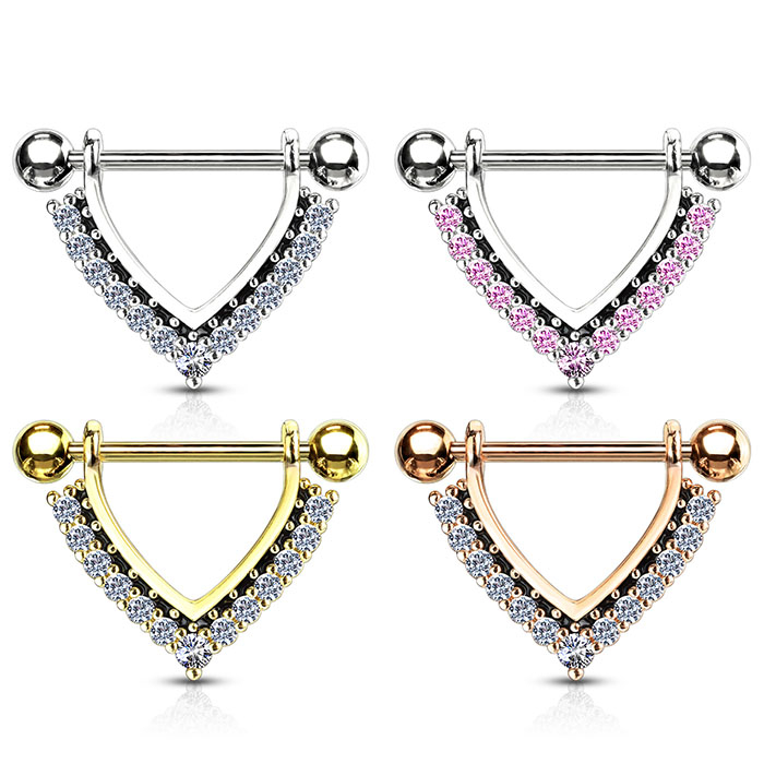 Bröstpiercing med stendekorerad v-form