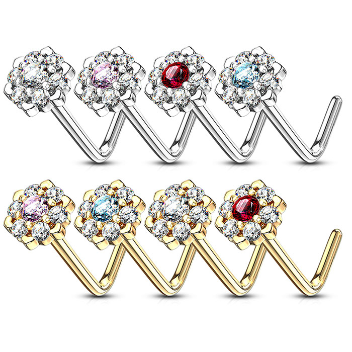 Näspiercing av 14 karat guld med stendekorerad lotusblomma