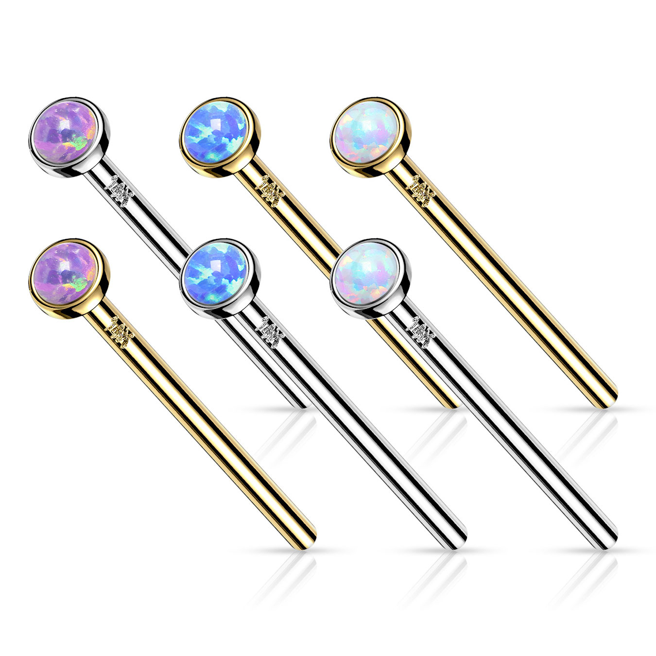 Fish tail näspiercing av 14 karat guld med ingraverad opalsten