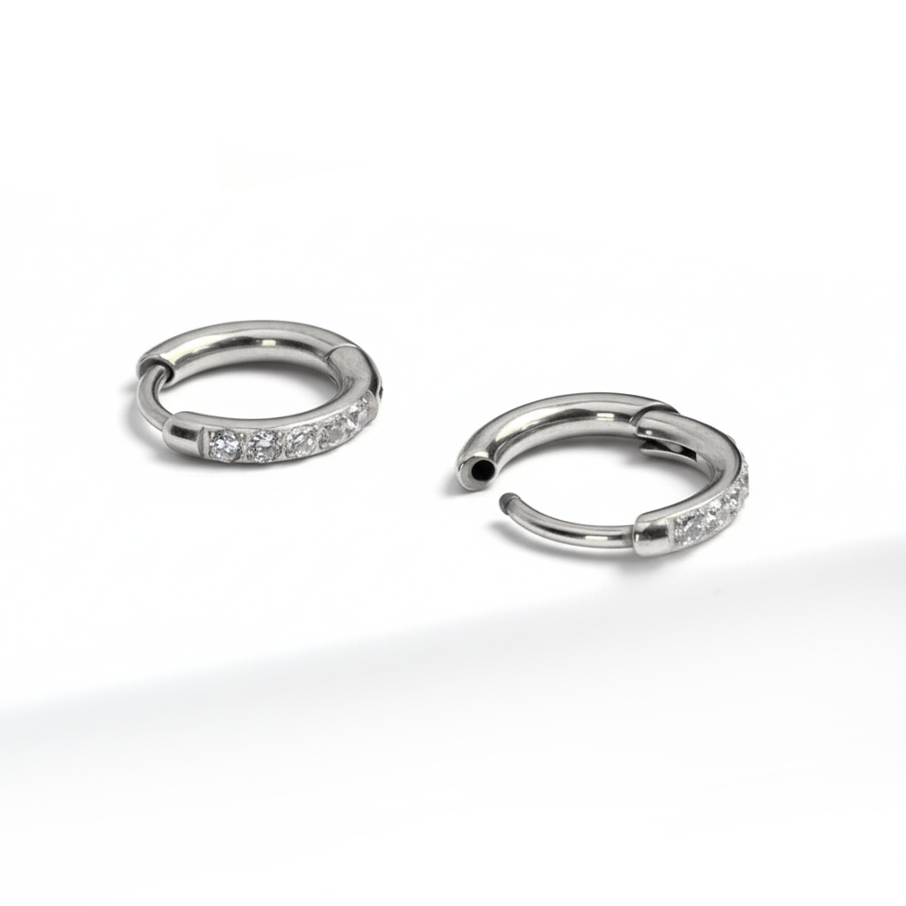 Ett par av huggieringar i titan med stenar