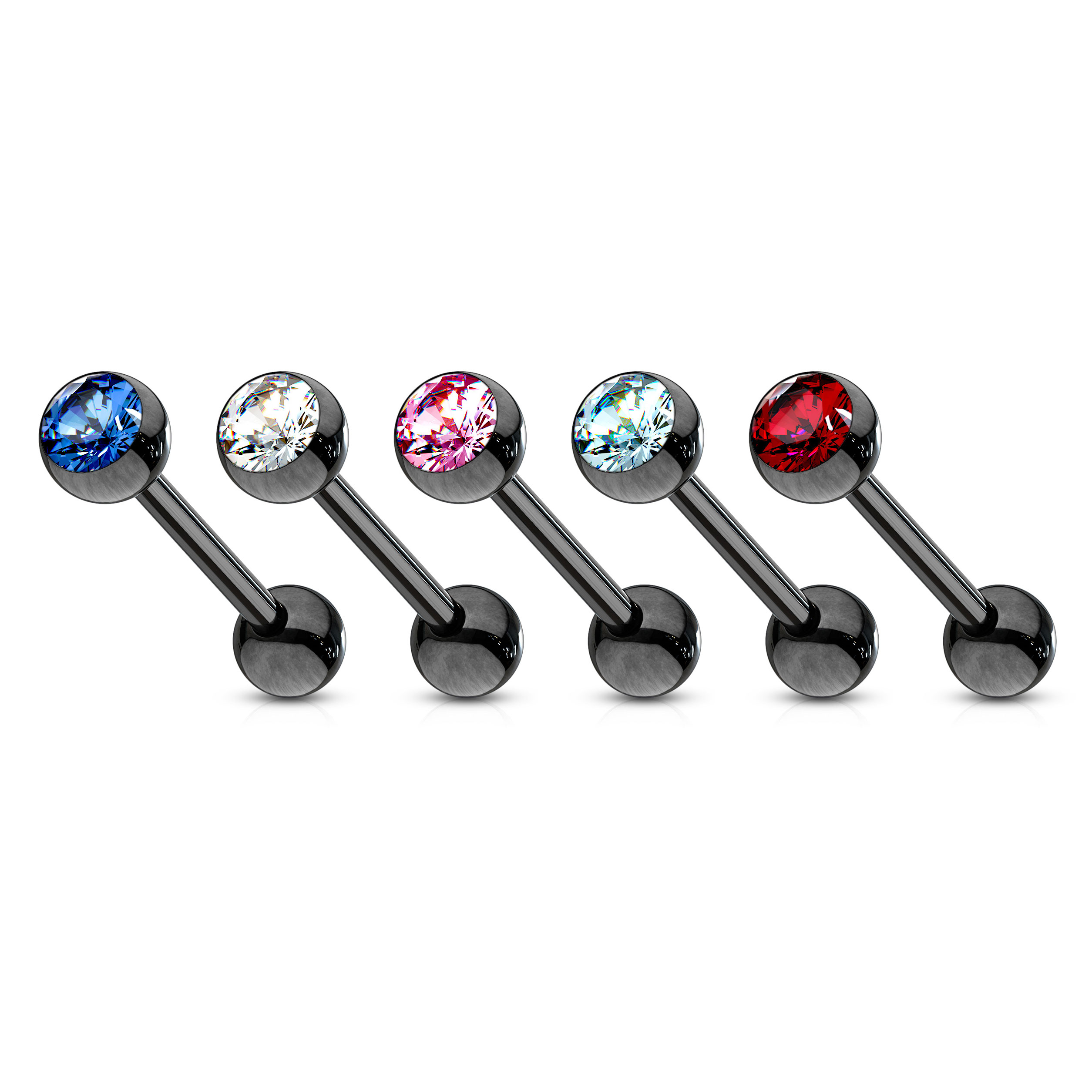 Svart tungpiercing med stenar i olika färger