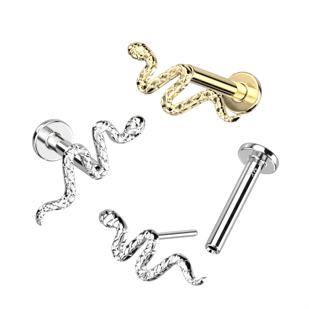 Push-in labret av 14 kt. guld med detaljerad ormdesign