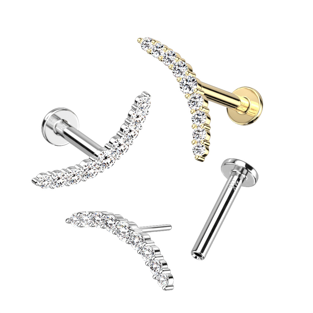 Push-in labret av 14 kt. guld med valv av CZ-stenar