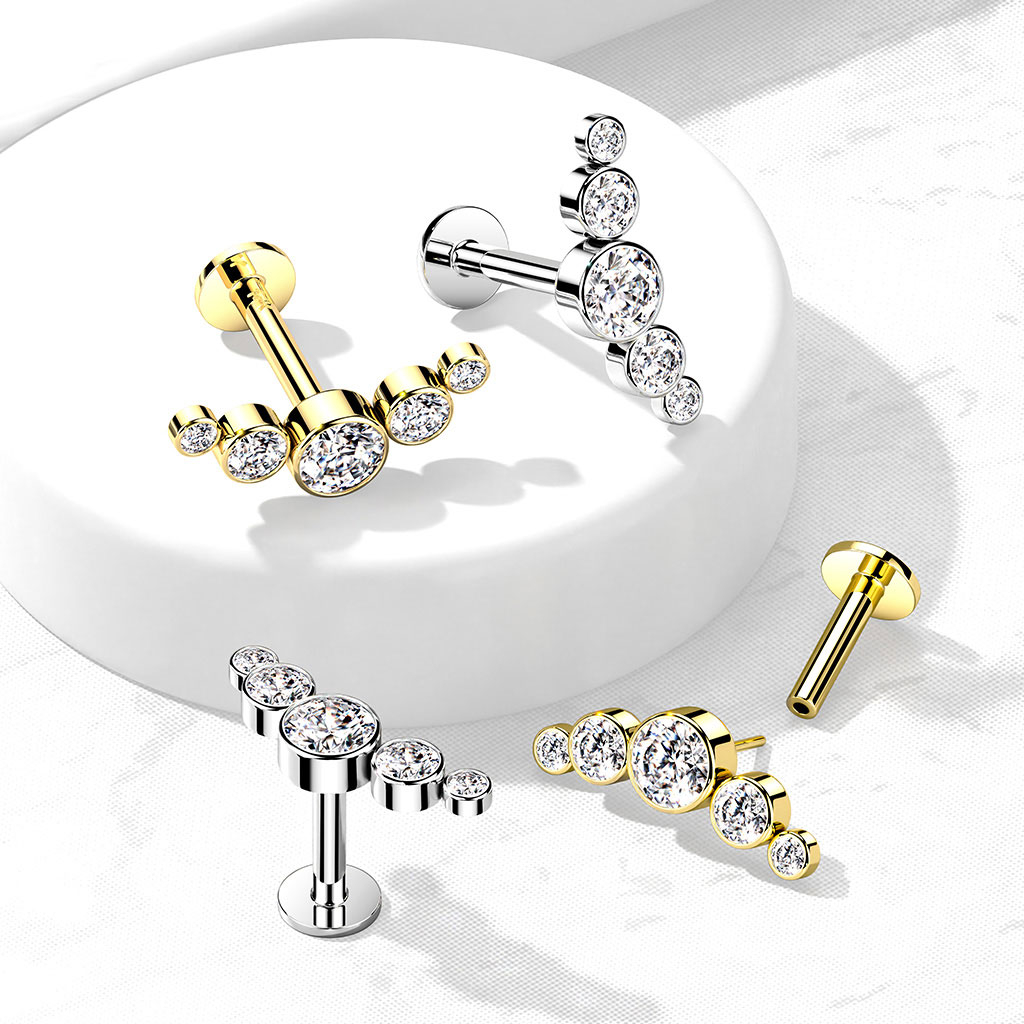 Push-in labret gjord från 14K guld med 5 runda stenar CZ