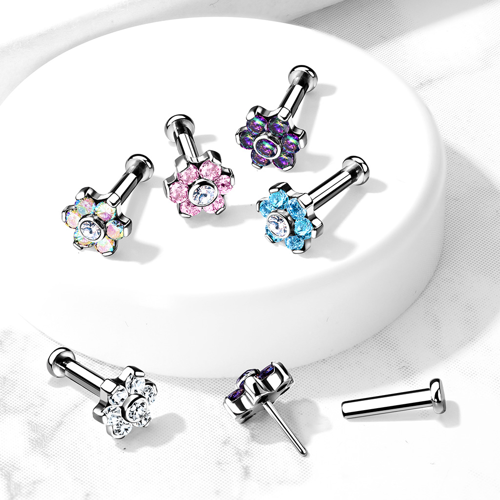 Push-in labret av titan med blomma av sten